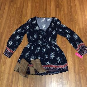 Xhilaration Floral Tribal Tie Neck Lace Trim Dress